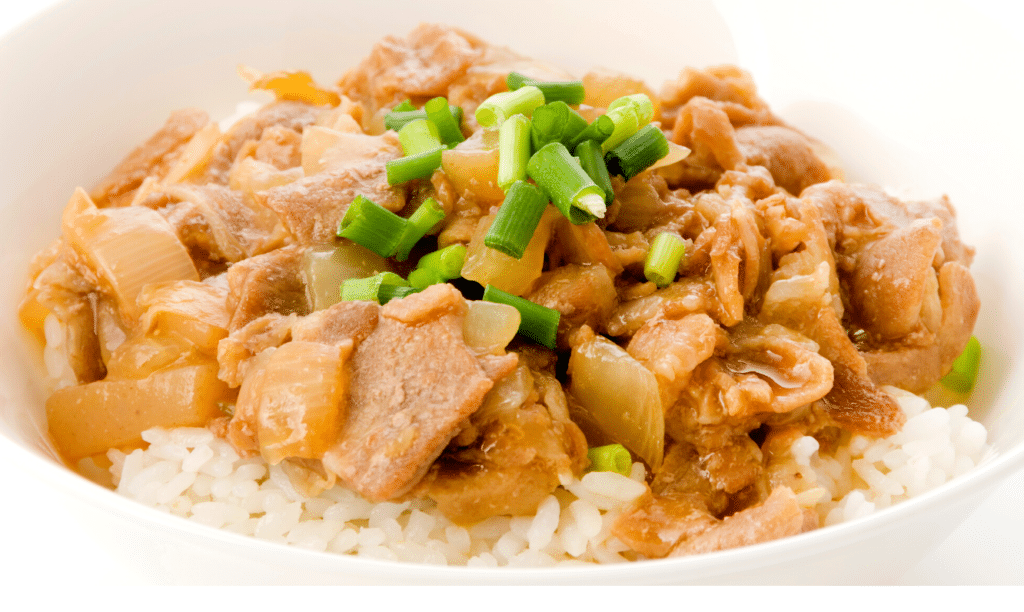 An Image of Japanese food, bowl of rice topped with pork and Konjac.