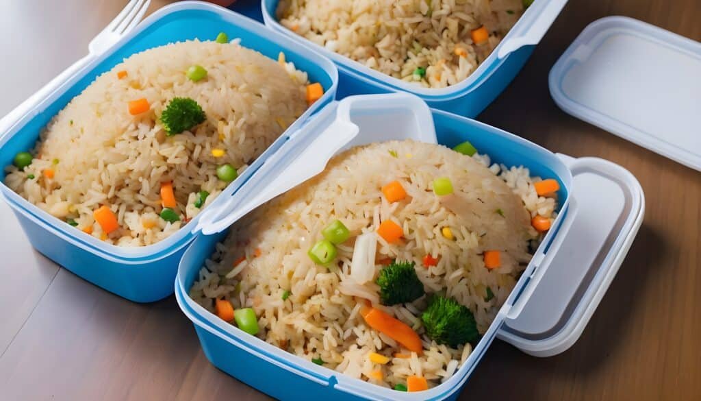 konjac fried rice in blue color lunch boxes
