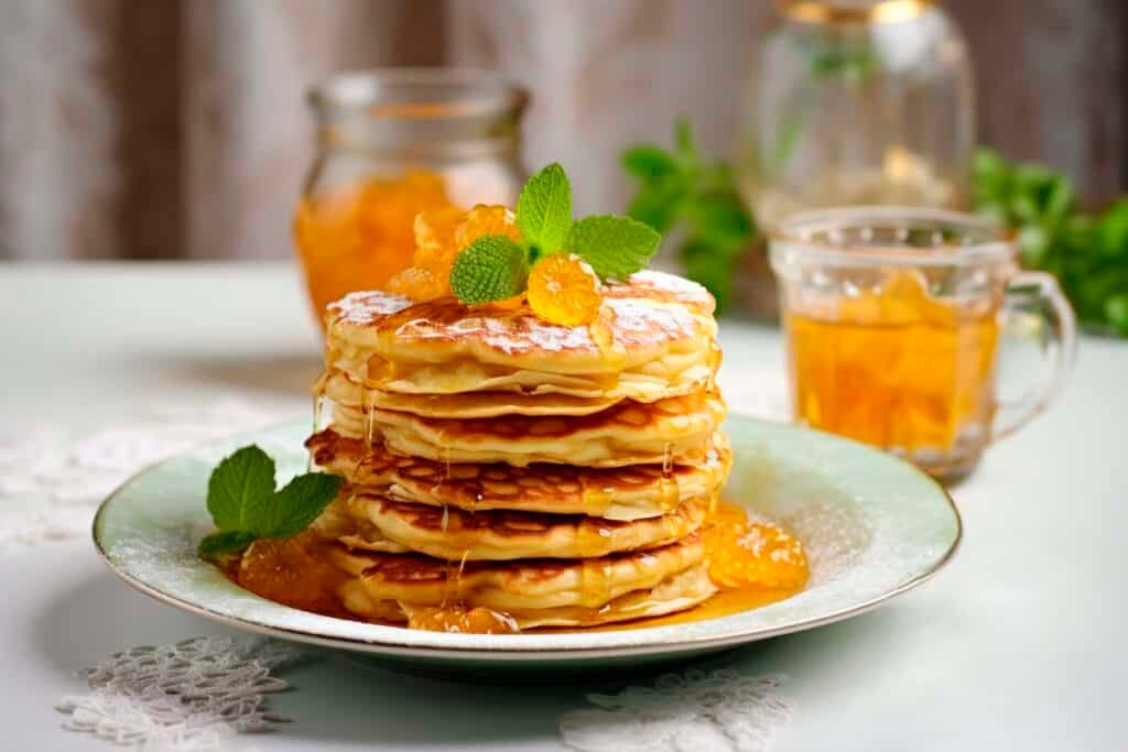 Konjac pancakes filled with honey and mint leaf