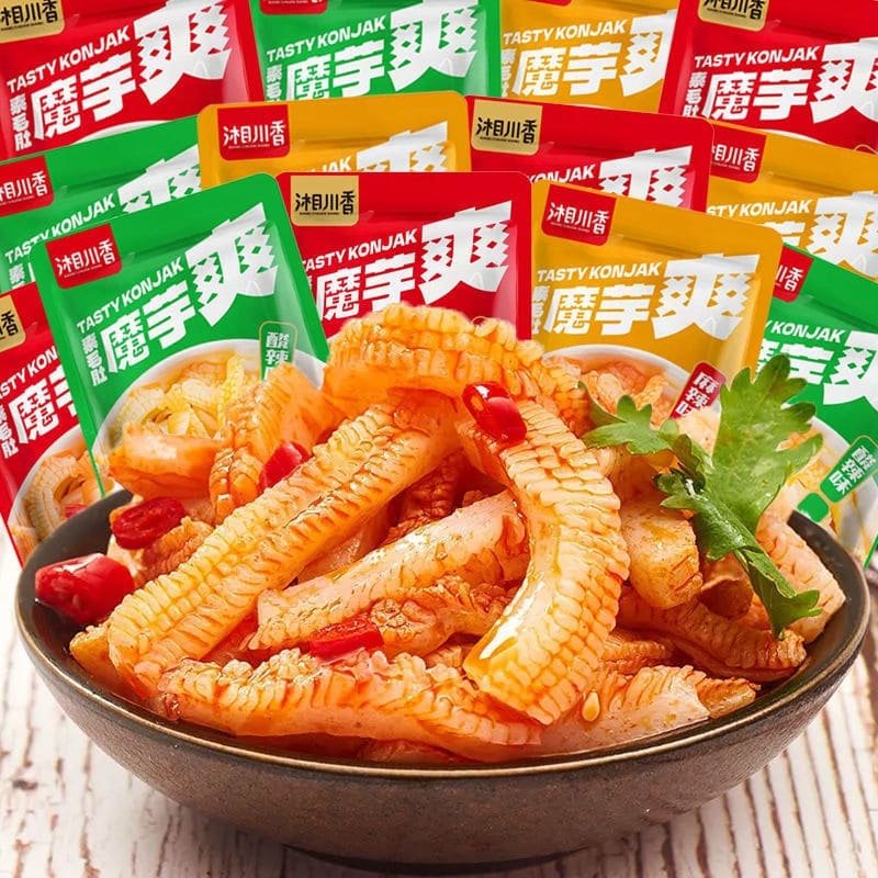 What is konjac shuang? Spicy konjac snacks in a bowl, surrounded by colorful packaging with Chinese characters.