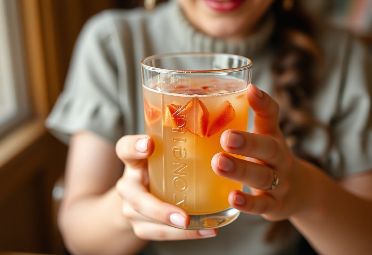 Hands holding a glass of drinkable konjac jelly.