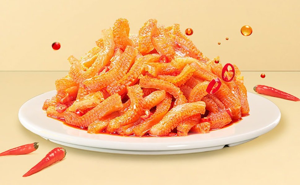 A plate piled high with spicy konjac shuang, a popular Asian vegan snack made from konjac root.