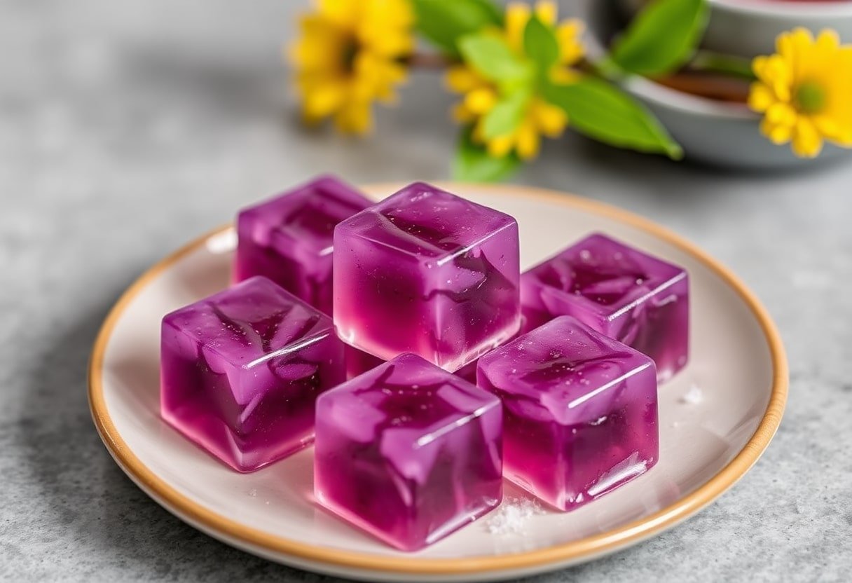 Vibrant purple konjac jelly cubes, showcasing the versatility of this low-calorie, high-fiber food.