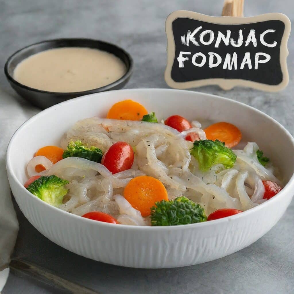 A bowl of Konjac noodles, a low Konjac FODMAP food, mixed with vegetables like broccoli, carrots, and cherry tomatoes with a bowl of dipping sauce.