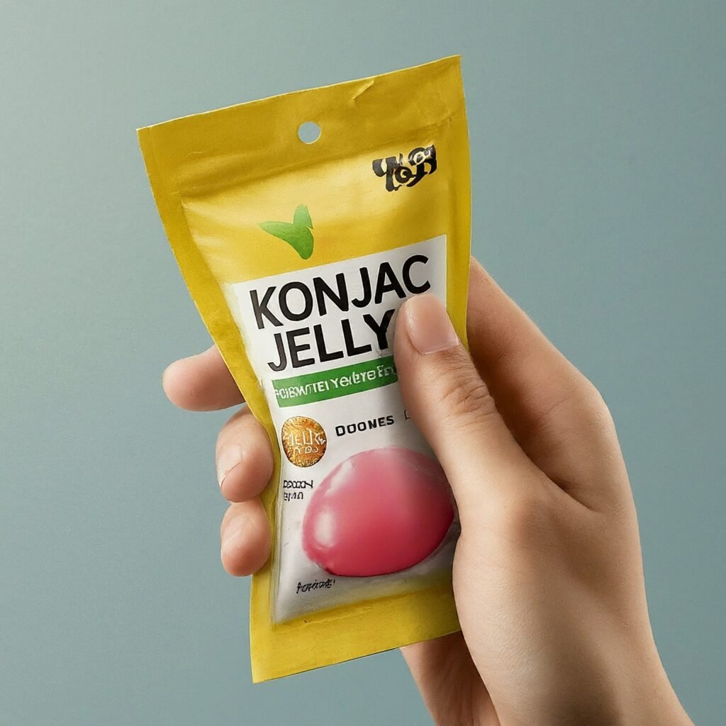 A hand holding a pouch of konjac jelly.