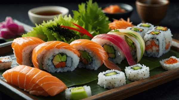 A vibrant platter of sushi made with shirataki rice is presented on a wooden tray.