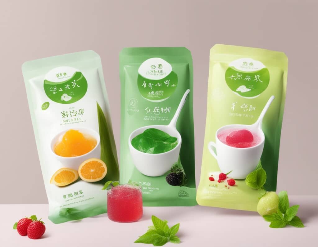 Three pouches of drinkable konjac jelly in mango, matcha, and mixed berry flavors, featuring fresh fruits.