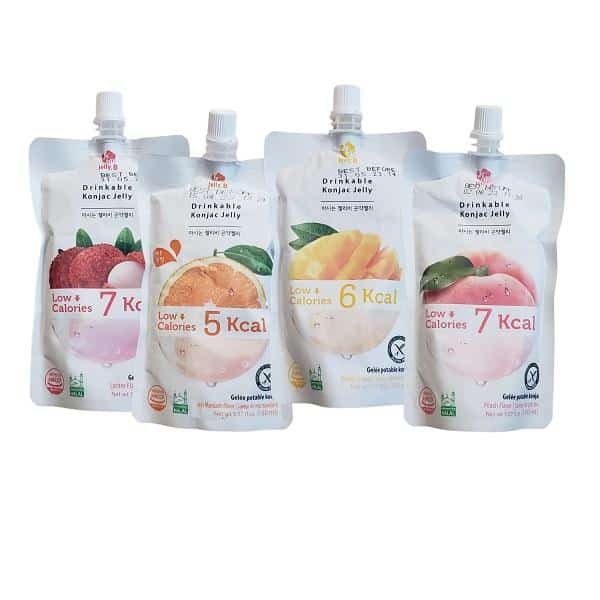 Four pouches of Korean konjac jelly in different flavors