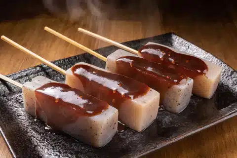 Grilled konnyaku konjac skewers glazed with a delicious sauce